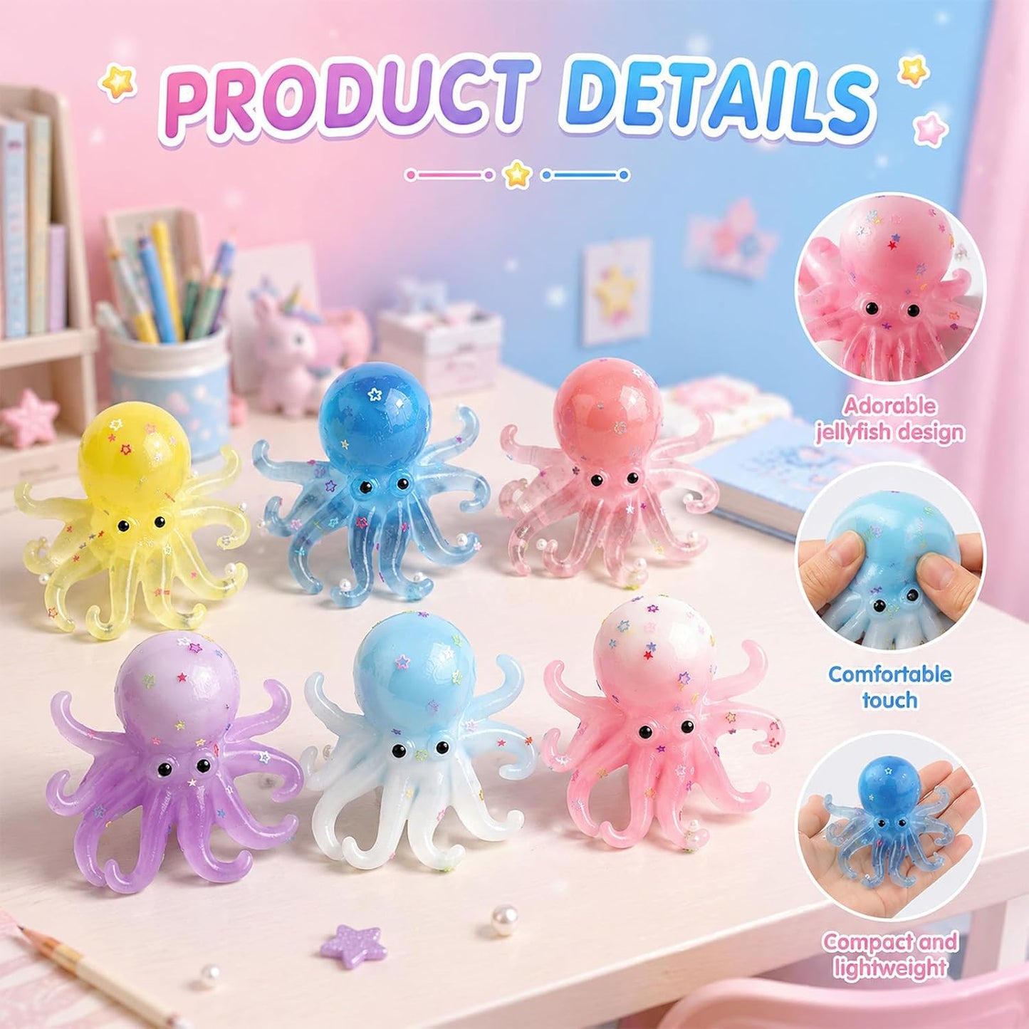 6 Pack Octopus Squishies, Slow Rising Squishies Octopu Stress Relief Stress Ball, Octopus Sugar Ball Sensory Toys for Teens and Adults, Squeeze Ball Set and Birthday Party Favors
