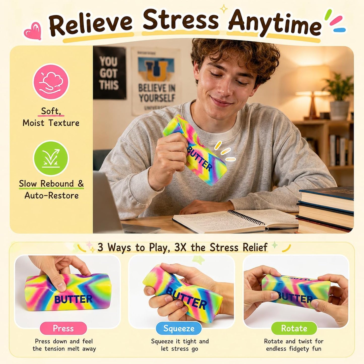 4pcs Colorful Butter Squishies, Soft Butter-Shaped Slow Rising Squishy, Stress Relief Anxiety Relaxation Squeezes, Big Butter Squeeze 4 oz with Milk Aroma, Party Favors and Classroom Prizes