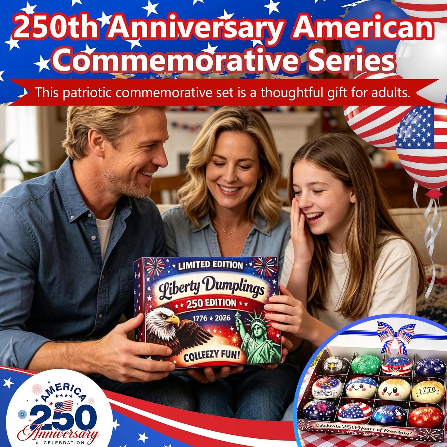 250th Anniversary USA Themed Dumpling Squishies Set, 12 Unique Commemorative Style Soft Stress Balls, Squeeze Fidget Toys, Anxiety Relief Squishies Dough Gifts for, Suitable for Ages 18 up