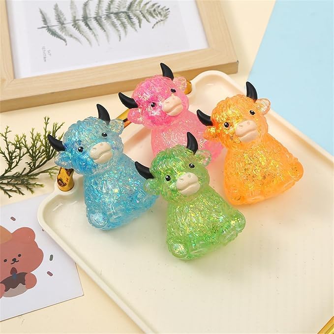 4PCS Glitter Highland Cow Fidget Squishies - Ultra-Soft Slow Rising Stress Relief Toys, Cute Desk Decor for Cow Lovers Adults | Easter Basket Stuffers Party Favors