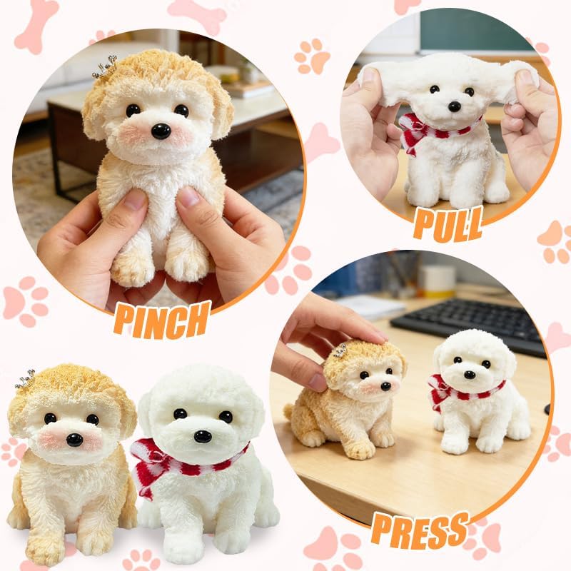 2PCS Cute Squishy Dog Toys - Handmade Squishy Dog Relief Toy, Ultra Soft Silicone Squishies Toy for Kids & Adults, Autism & Anxiety Relief, Fun Gift for Boys & Girls (White-Curry)