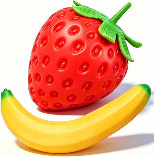 2 Pcs Giant Strawberry & Banana Squishies Fidget Toys Set, Realistic Fruit Squishies Slow Rising Squeeze Toy, Soft Tactile Fidget Toy for Adults Stress Relief Sensory Toy for Office & Daily Relaxation