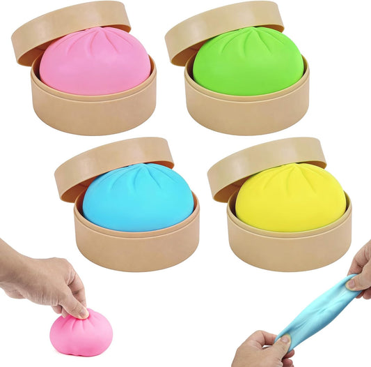 4PCS Dumplings Squishy, 2.56in Squishy Dumpling Mystery Steamer, Fidget Toys Adults & Teens, Sensory Stress Ball Squeeze Toys for Stress Relief, with Food Steamer Stretchy, Desk Toys, Classroom Prizes