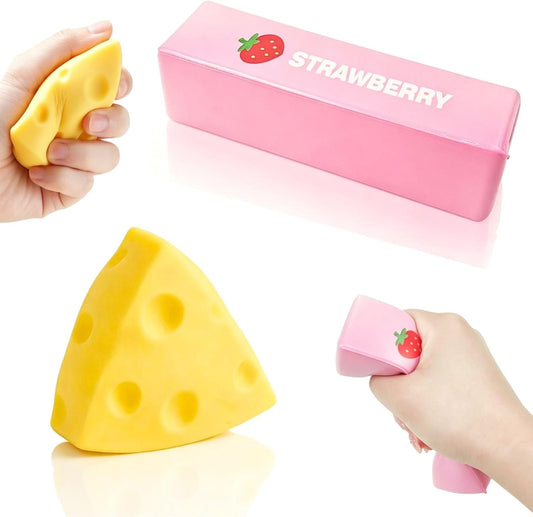 2Pcs Slow Rising Fidget Toys for Adults, Cheese Squeeze Toy Stress Balls, Pink Butter Office Desk Toy Birthday Party Gifts