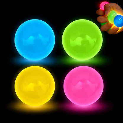 4 Pack Glow in The Dark Stress Balls, Glowing Sticky Balls Fidget Toys, Soft Squishies Squeeze Toys for Adults & Teens, Stress Relief Squishies Toys