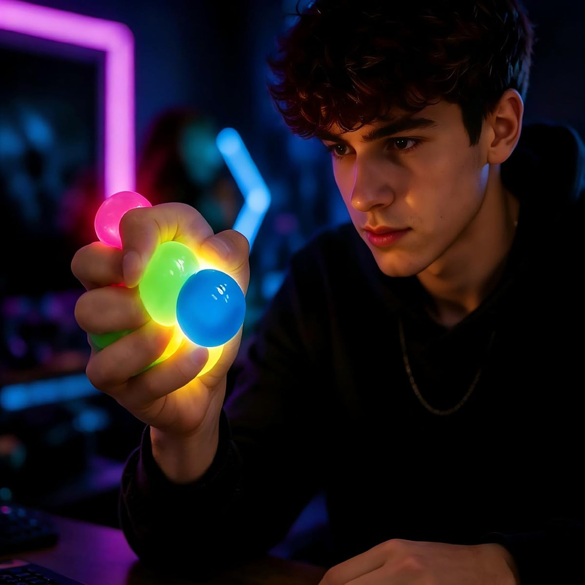 4 Pack Glow in The Dark Stress Balls, Glowing Sticky Balls Fidget Toys, Soft Squishies Squeeze Toys for Adults & Teens, Stress Relief Squishies Toys