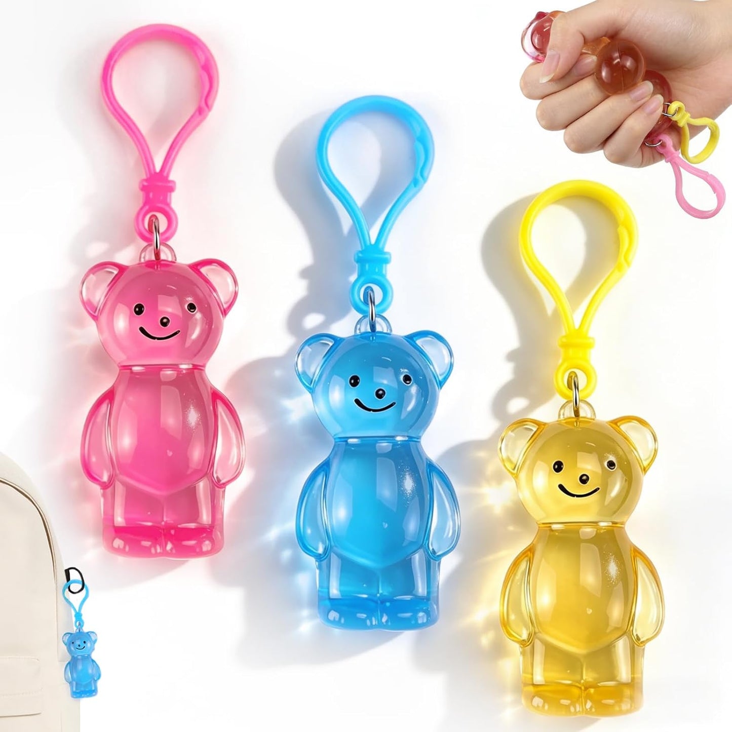 3 PCS Gummy Bear Squeeze Toys, Cute Bear Fidget Toys with Keychain, Anxiety Relief Squeezing Toys for Adults, Halloween Birthday Gifts