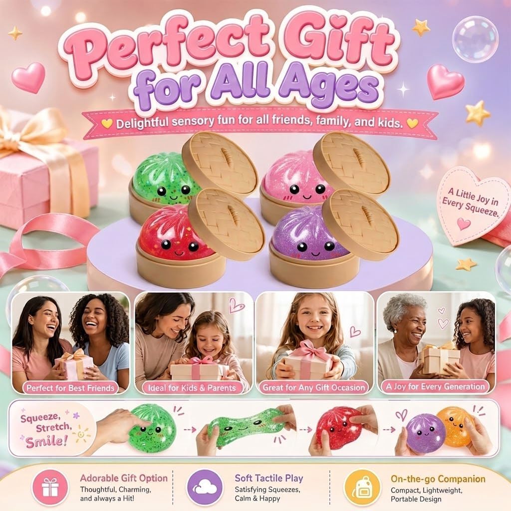 4PCS Dumpling Squishy Toy, Cute Stretchable Dumpling Squishy with Food Steaming Box