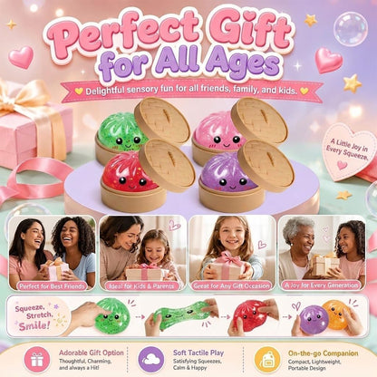 4PCS Dumpling Squishy Toy, Cute Stretchable Dumpling Squishy with Food Steaming Box