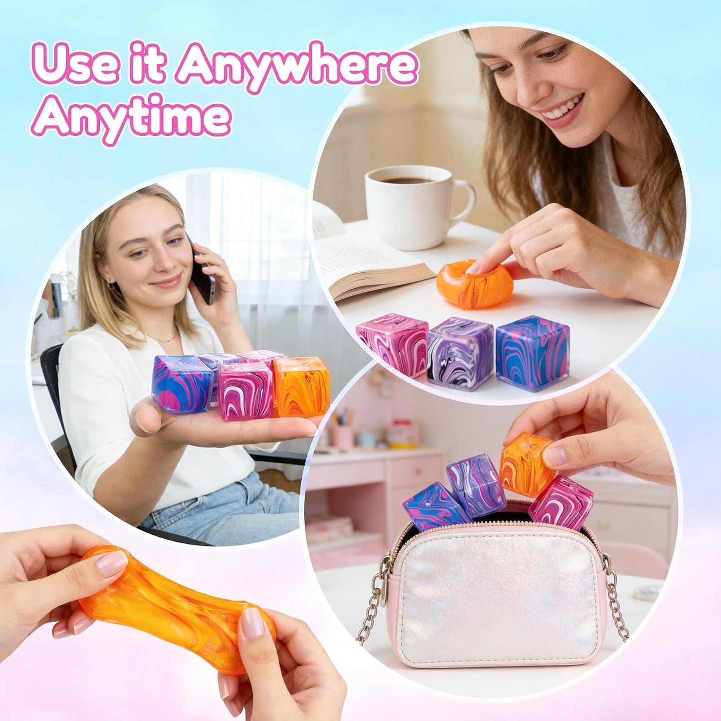 4 Pack Sensory Squeeze Cubes, Soft Stretchy Fidget Toys for Kids and Adults, Stress Reducing Hand Toys for Focus, Calm, and Relaxation, Durable Silicone Stress Relief Toys for Classroom and Office