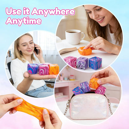 4 Pack Sensory Squeeze Cubes, Soft Stretchy Fidget Toys for Kids and Adults, Stress Reducing Hand Toys for Focus, Calm, and Relaxation, Durable Silicone Stress Relief Toys for Classroom and Office