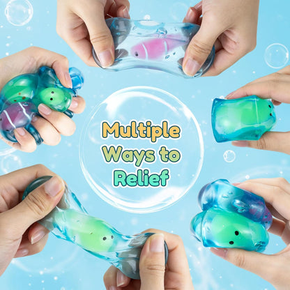 4 Pack Glow in the Dark Sea Animal Squishy Toys, Stress Cube & Stress Balls Sensory Squeeze Toys, Anxiety Relief Calming Stretchy Desk Toys for Kids Adults