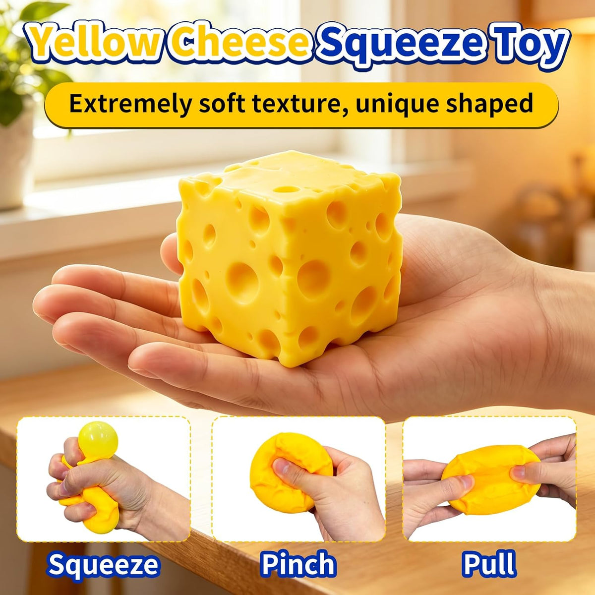 2 Pcs Cheese Squeeze Toy, Yellow Stress Cube Fidget Toys, Cheese Stress Balls Relief for Adults, Easter, Party Favors Gift