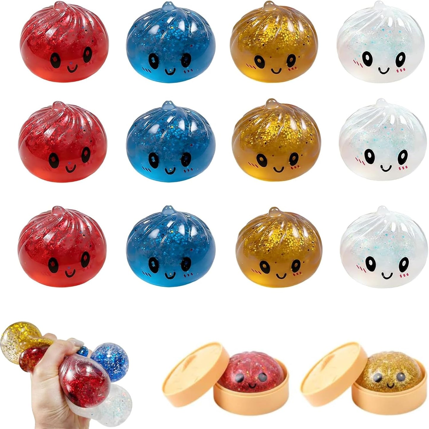 12PCS Shiny Dumplings Squishies, Shiny Dumpling Squishies, Colorful Dumplings Stress Balls Fidget Sensory Toy, with Food Steamer Stretchy, for Birthday Gifts, Party Favors