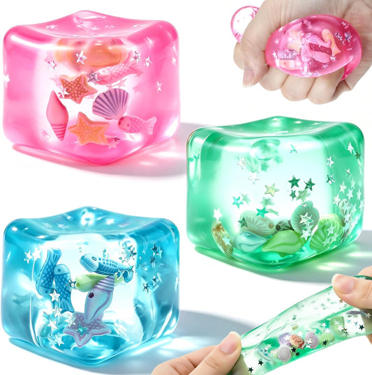 3 Pack Ice Cube Fidget Toys Stress Ball, Soft Slow Squeeze Ball for Adults Teenagers, Shells Squeeze Toy Office for Birthday Party Gifts