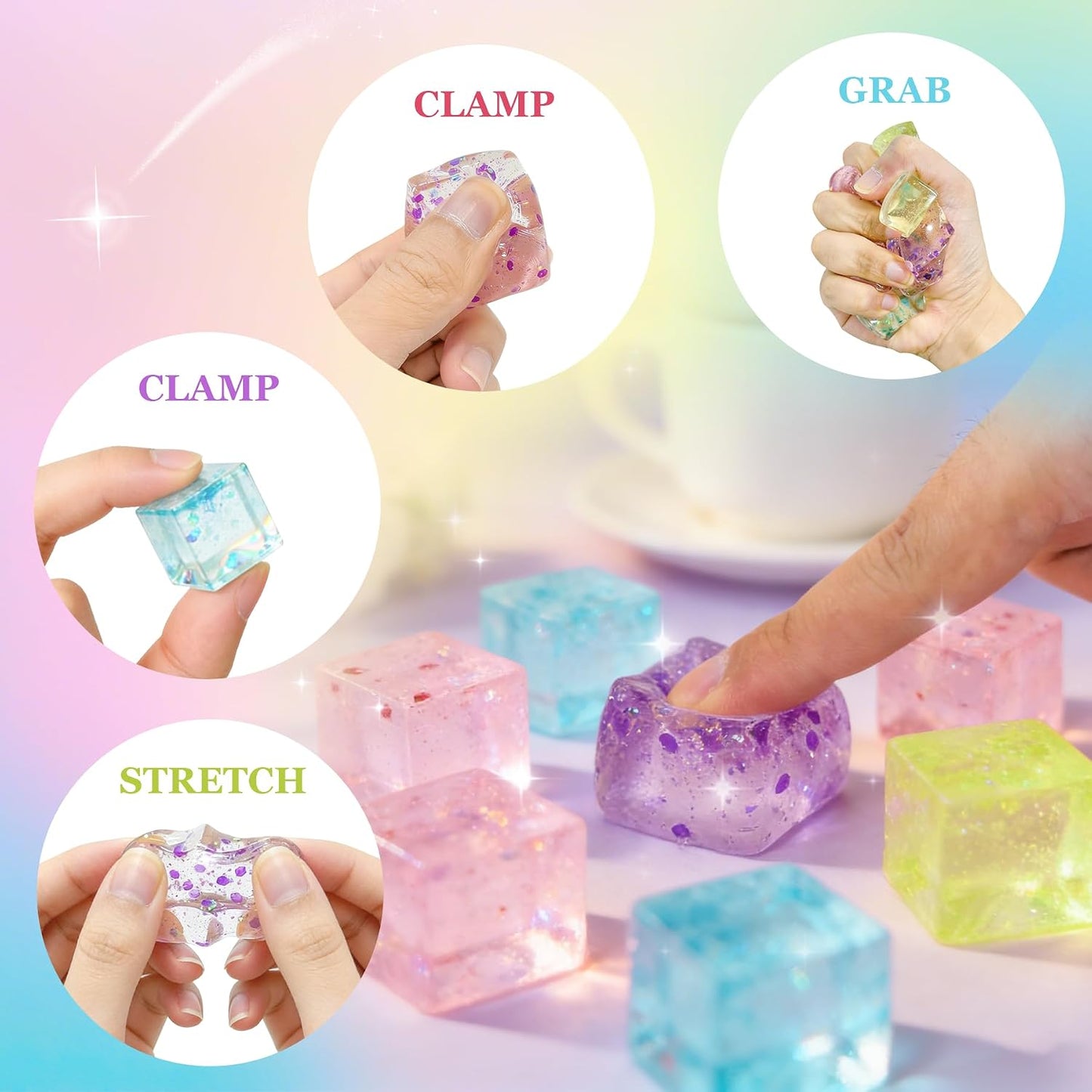 24Pcs Glitter Ice Cube Squishy,Bulk Stress Sparkle Fidget Toys, Ice Cube Squeeze Toys - Square Sensory Toys, Squeeze Toys - Small Stress Balls for Adults, Perfect Party Toy Gift