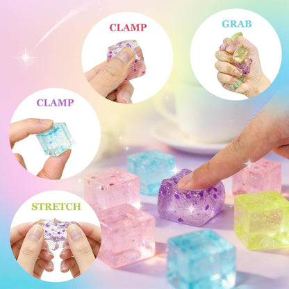 24Pcs Glitter Ice Cube Squishy,Bulk Stress Sparkle Fidget Toys, Ice Cube Squeeze Toys - Square Sensory Toys, Squeeze Toys - Small Stress Balls for Adults, Perfect Party Toy Gift