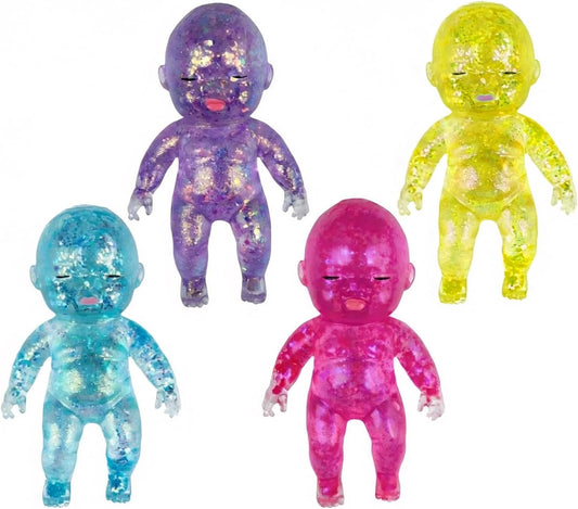 4Pcs Baby Squishy Glittery, 4" Soft Squeezable Fidget Toy, Slow Rising Squishy, Soft Squeeze Stress Relief,Cute Sparkly Sensory Decompression Doll for Adults, Portable Desk Decor & Anxiety Relief Gift