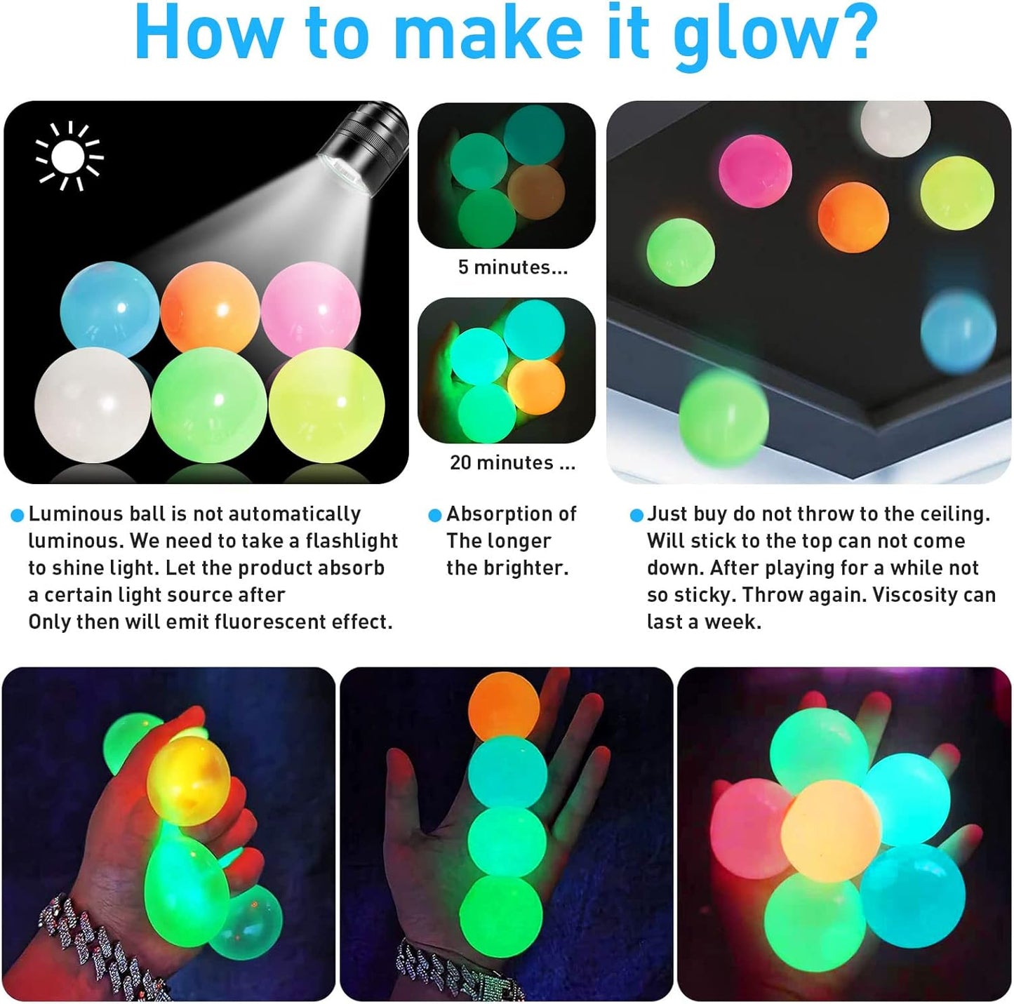 4 Pcs Sticky Balls Ceiling Glow in The Dark Fidget Toys, Night Stress Balls for Adults Fluorescent Sticky Wall Balls, Luminous Balls Jumping Fun Decompression for Kids