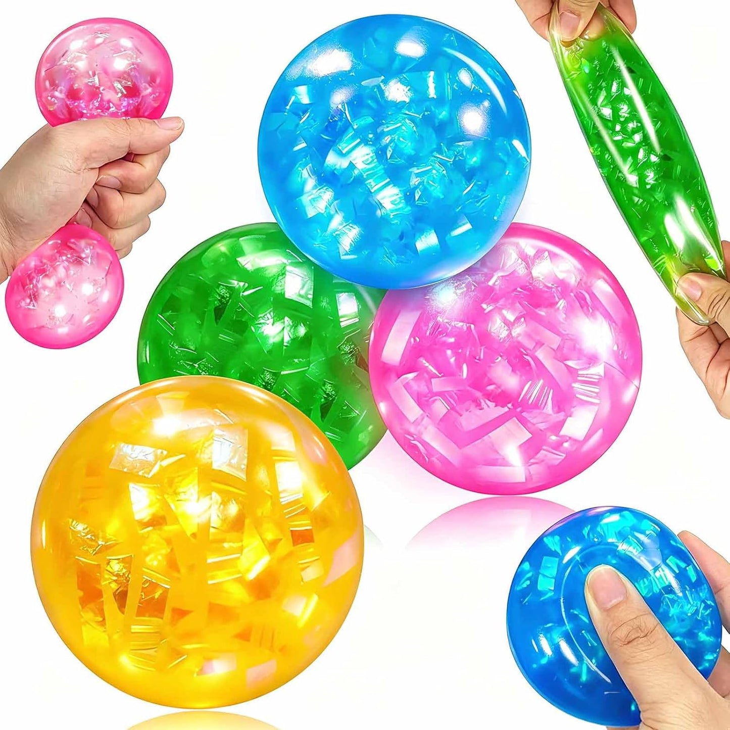 3 Pack Glitter Stress Balls Fidget Toy, Sparkling Foil Filled Squishy Balls, Soft Stretch Fidget Toys, Slow Rising Hand Squeeze Relaxation Balls, Desktop Decompression Gadgets for Adult Gift