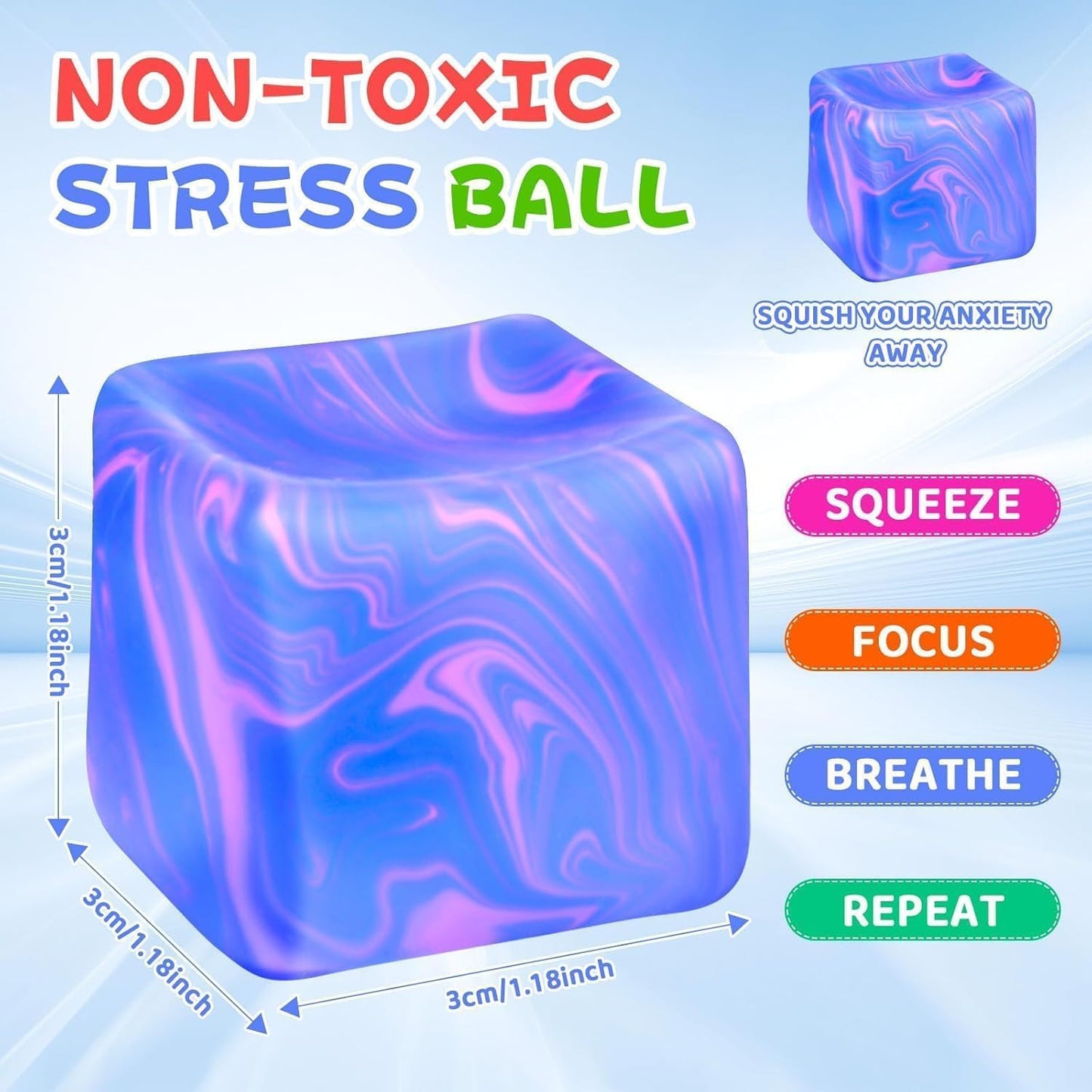 Squishy Cube Stress Balls, Fidget Squeeze, Sensory Hand Exercise for Anxiety Relief, 4 Pieces