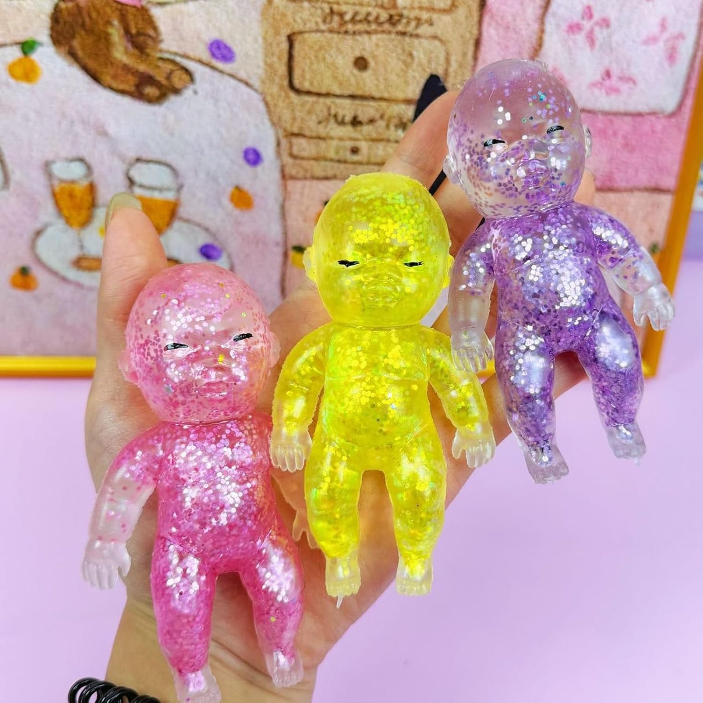 4Pcs Baby Squishy Glittery, 4" Soft Squeezable Fidget Toy, Slow Rising Squishy, Soft Squeeze Stress Relief,Cute Sparkly Sensory Decompression Doll for Adults, Portable Desk Decor & Anxiety Relief Gift