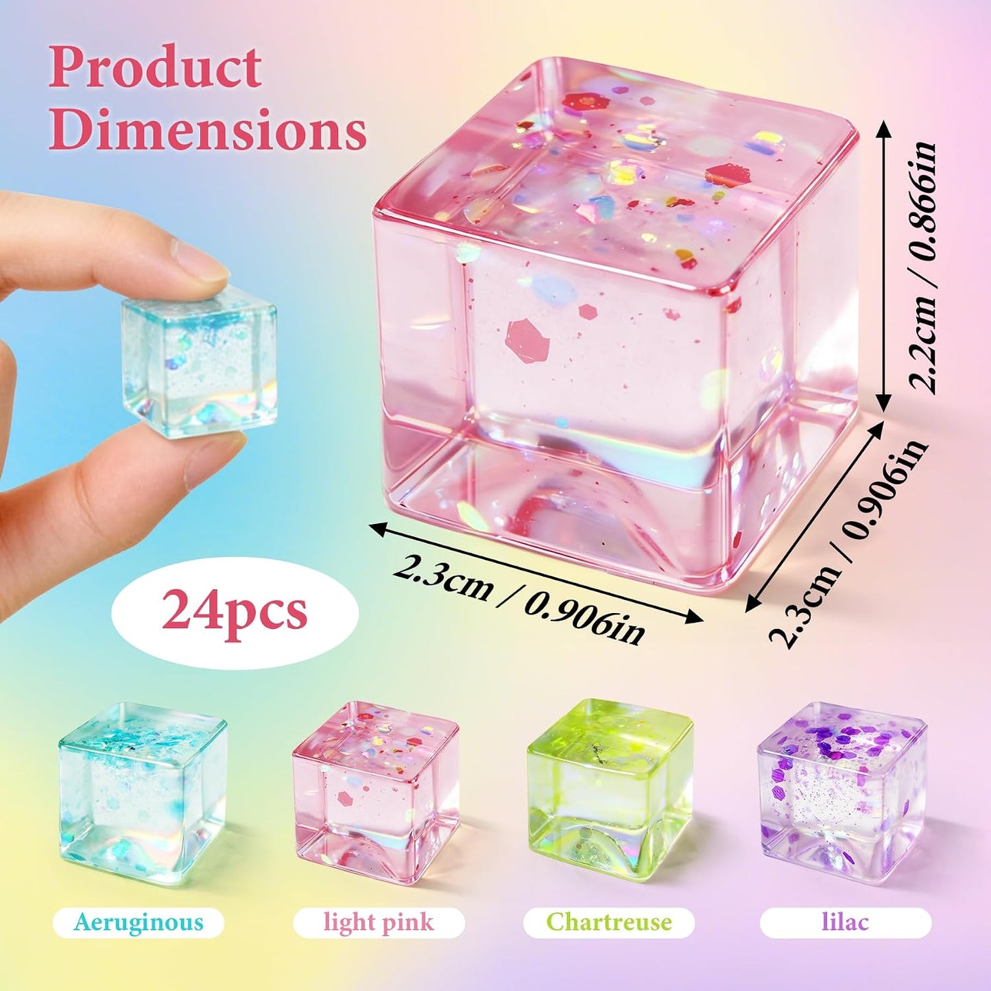 24Pcs Glitter Ice Cube Squishy,Bulk Stress Sparkle Fidget Toys, Ice Cube Squeeze Toys - Square Sensory Toys, Squeeze Toys - Small Stress Balls for Adults, Perfect Party Toy Gift