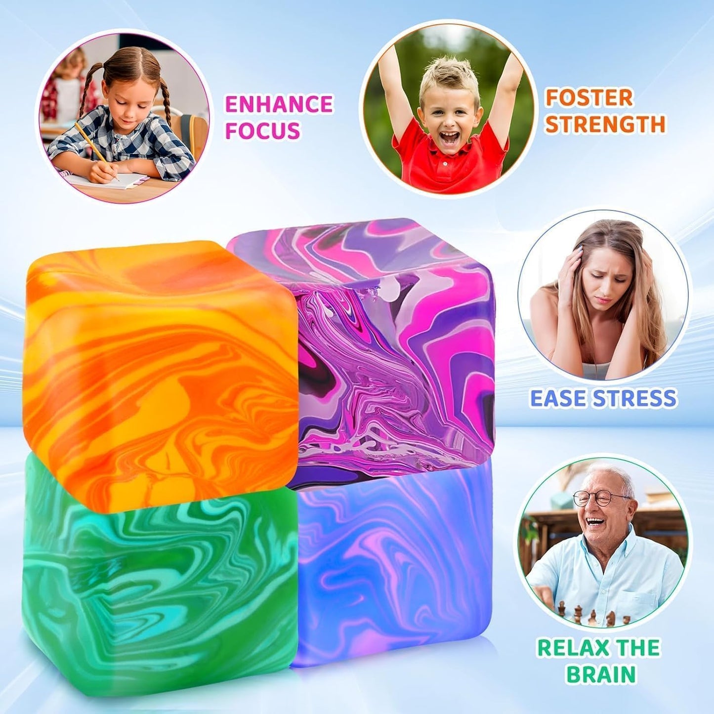 Squishy Cube Stress Balls, Fidget Squeeze, Sensory Hand Exercise for Anxiety Relief, 4 Pieces
