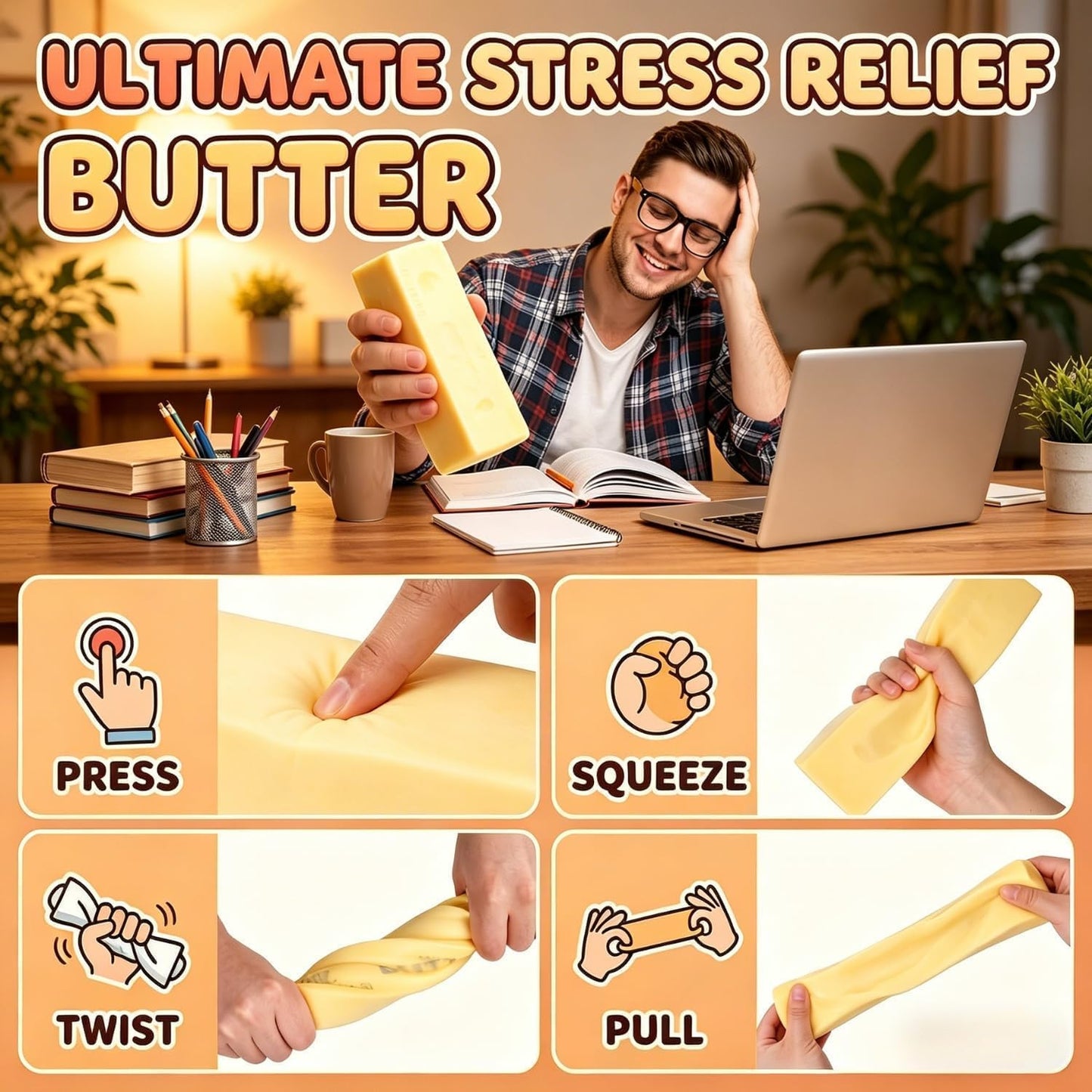 10in Giant Butter Squishy, Jumbo Big Butters 14oz Squeeze Stress Balls, Large Butter Stick Stress Relief Slow Rising Fun for Anxiety Relief Party Favors