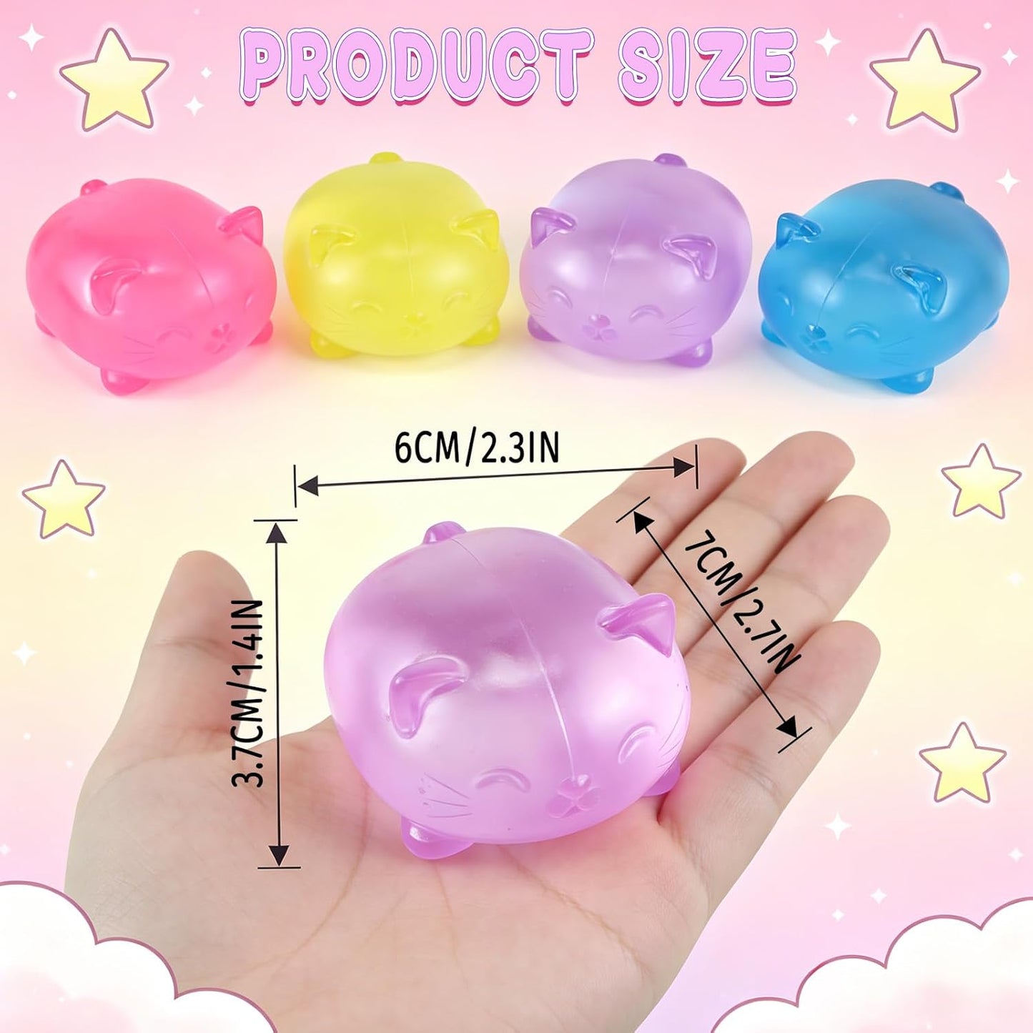 Gytera 4Pcs Cat Squishies Toys, Glitter Stress Balls Fidget Toys for Adults, Cute Kitten Squeeze Toys, Slow Rising Sensory Toys for Anxiety Relief, Party Favors, Birthday Gifts, Goodie Bag Fillers