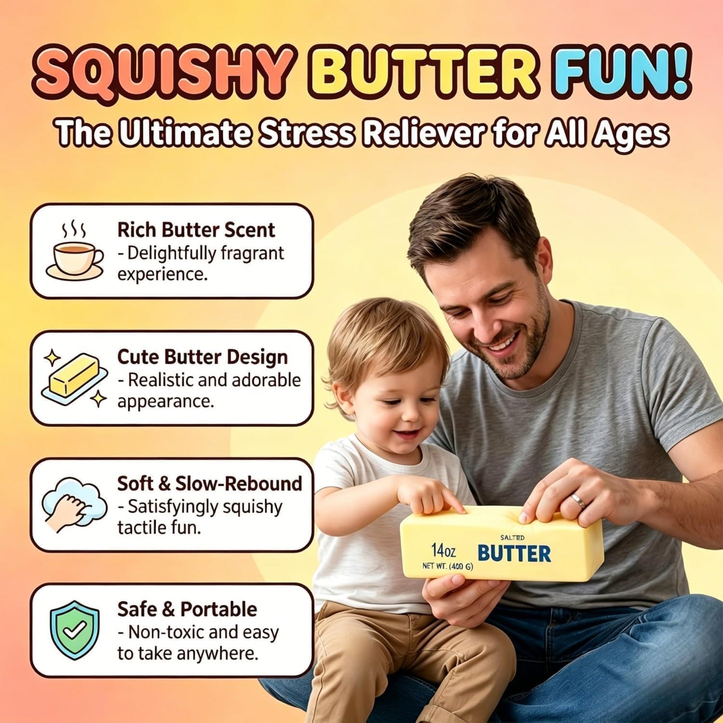 10in Giant Butter Squishy, Jumbo Big Butters 14oz Squeeze Stress Balls, Large Butter Stick Stress Relief Slow Rising Fun for Anxiety Relief Party Favors