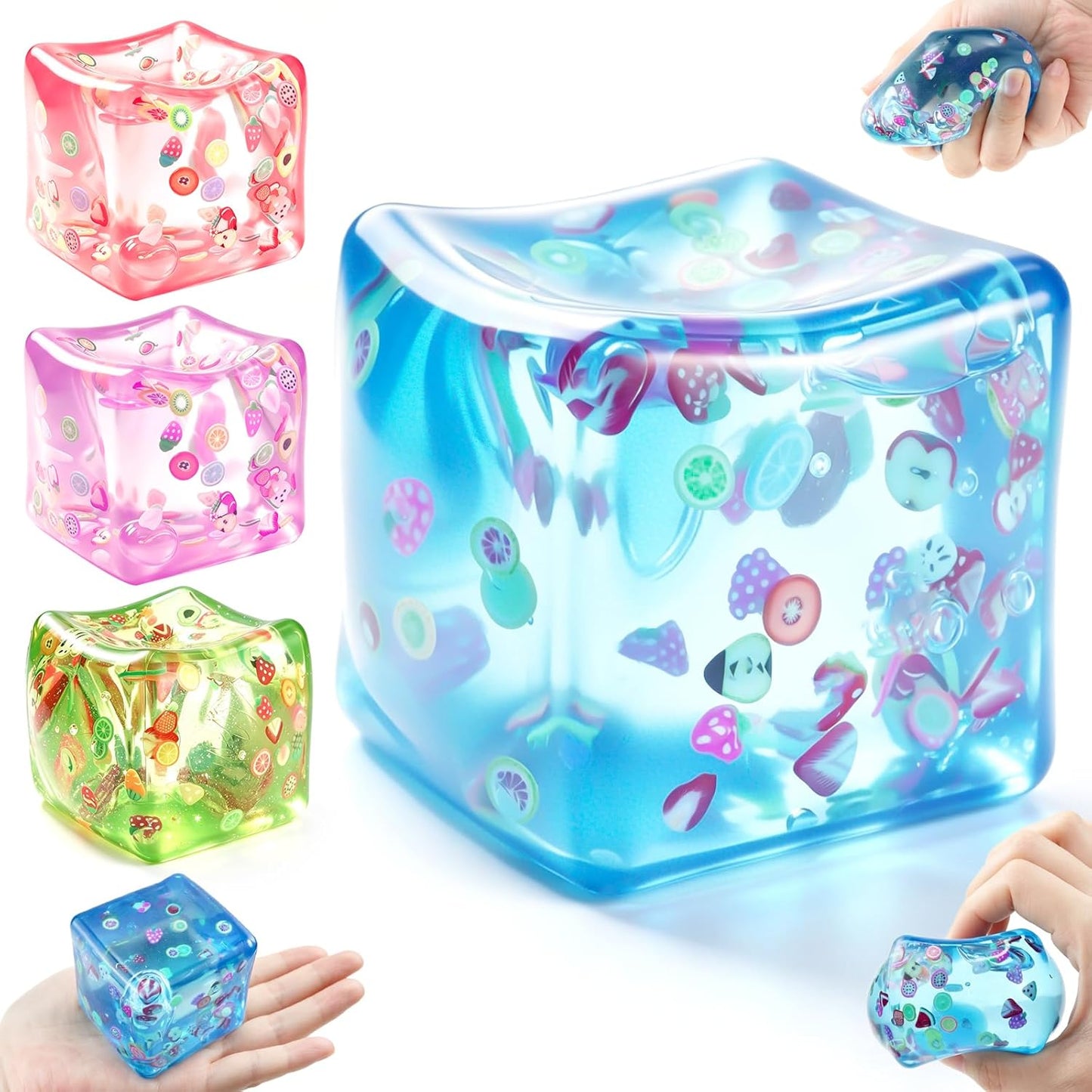 4Pack Stress Balls Fidget Toys, Fruit Ice Cube Squishies Toys, Square Squeeze Toys, Slow Rising Squishies Stress Balls for Anxiety & Stress Relief, Halloween, Christmas, Suitable for Ages 18 up