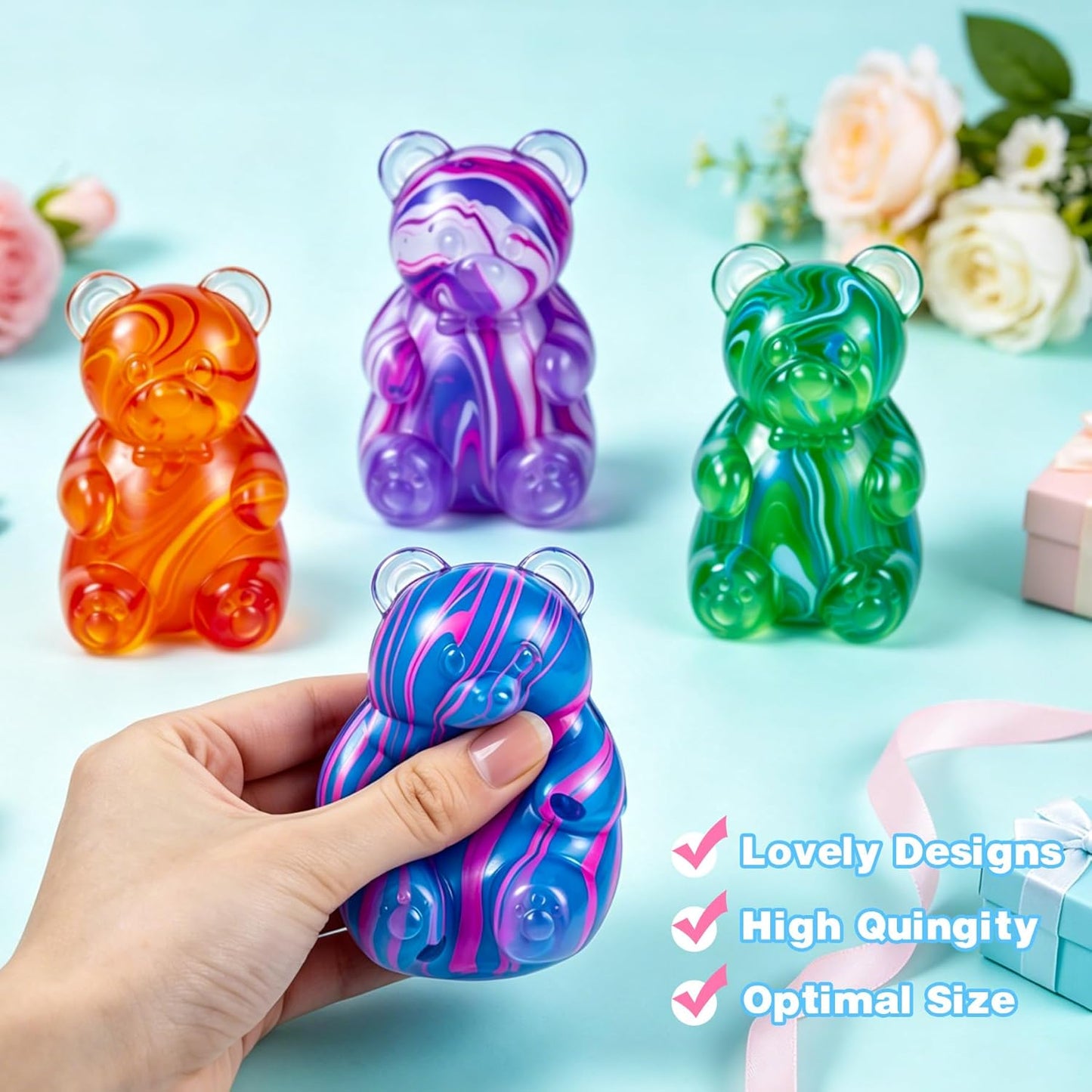 Gummy Bear Squishyies Fidget,Color Maltose Filled Squeeze Toys Slow Rising Squishy Stress Balls Adults Kids Party Favors,Classroom Prizes(Blue)