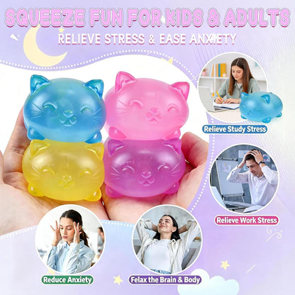 Gytera 4Pcs Cat Squishies Toys, Glitter Stress Balls Fidget Toys for Adults, Cute Kitten Squeeze Toys, Slow Rising Sensory Toys for Anxiety Relief, Party Favors, Birthday Gifts, Goodie Bag Fillers
