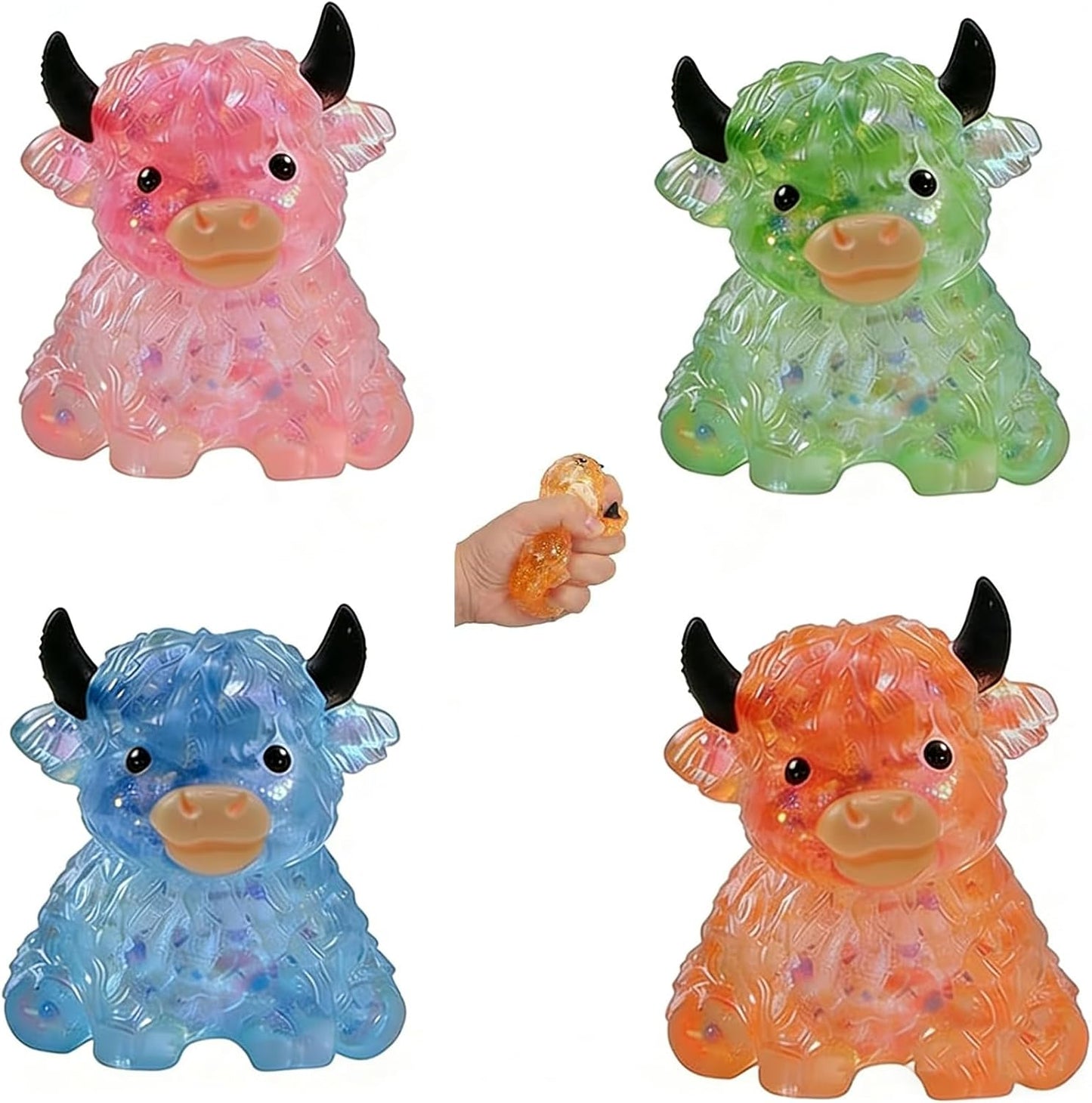 4PCS Glitter Highland Cow Fidget Squishies - Ultra-Soft Slow Rising Stress Relief Toys, Cute Desk Decor for Cow Lovers Adults | Easter Basket Stuffers Party Favors