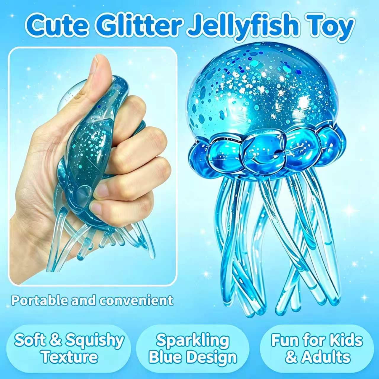 Jellyfish Squishy Toy, Glitter Jellyfish Squishy Squeeze Toy, Soft Slow Rise Squish Sensory Fidget Toy for Relaxing Hand Play, Cute Jelly Fish Squishy for Kids and Adults(Blue)