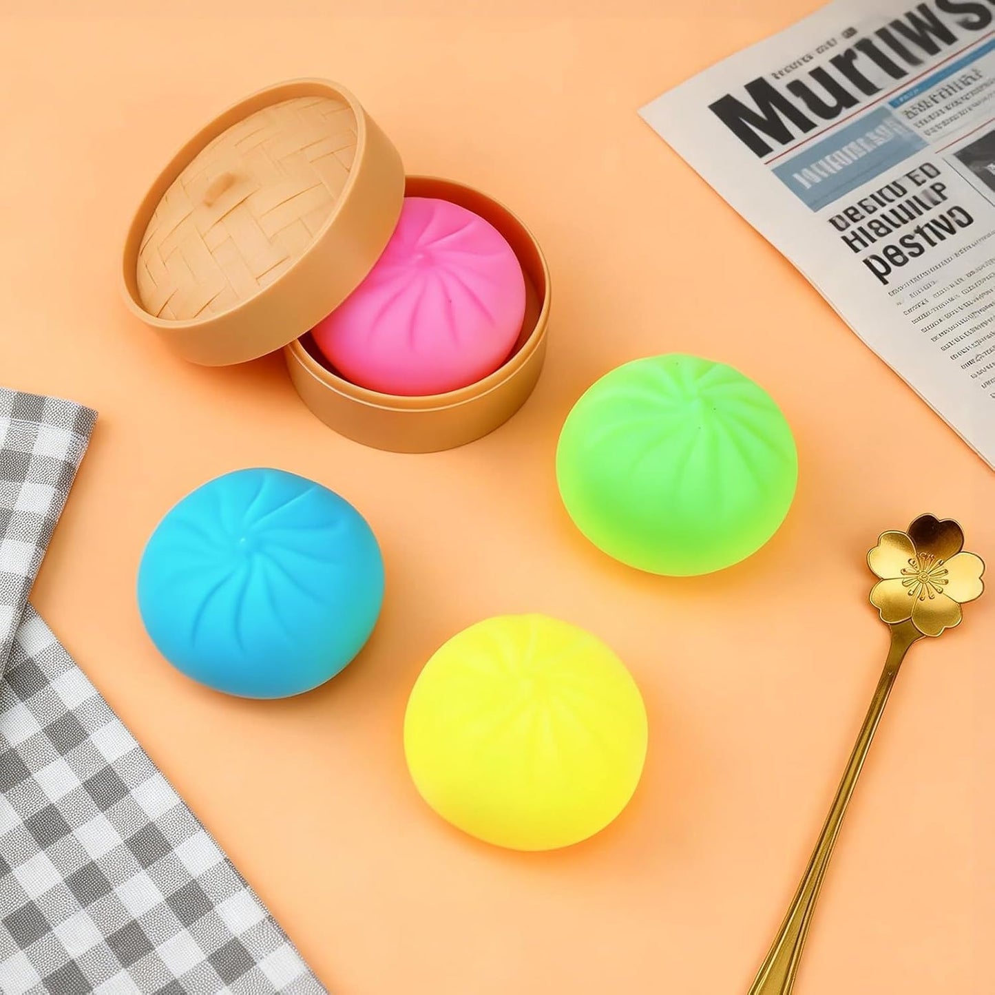 4PCS Dumplings Squishy, 2.56in Squishy Dumpling Mystery Steamer, Fidget Toys Adults & Teens, Sensory Stress Ball Squeeze Toys for Stress Relief, with Food Steamer Stretchy, Desk Toys, Classroom Prizes