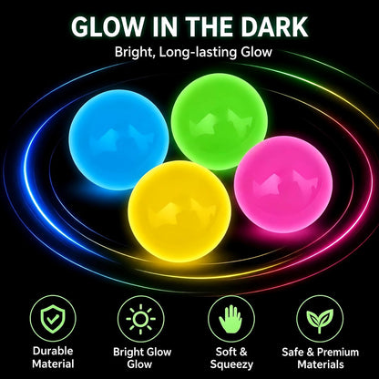 4 Pack Glow in The Dark Stress Balls, Glowing Sticky Balls Fidget Toys, Soft Squishies Squeeze Toys for Adults & Teens, Stress Relief Squishies Toys