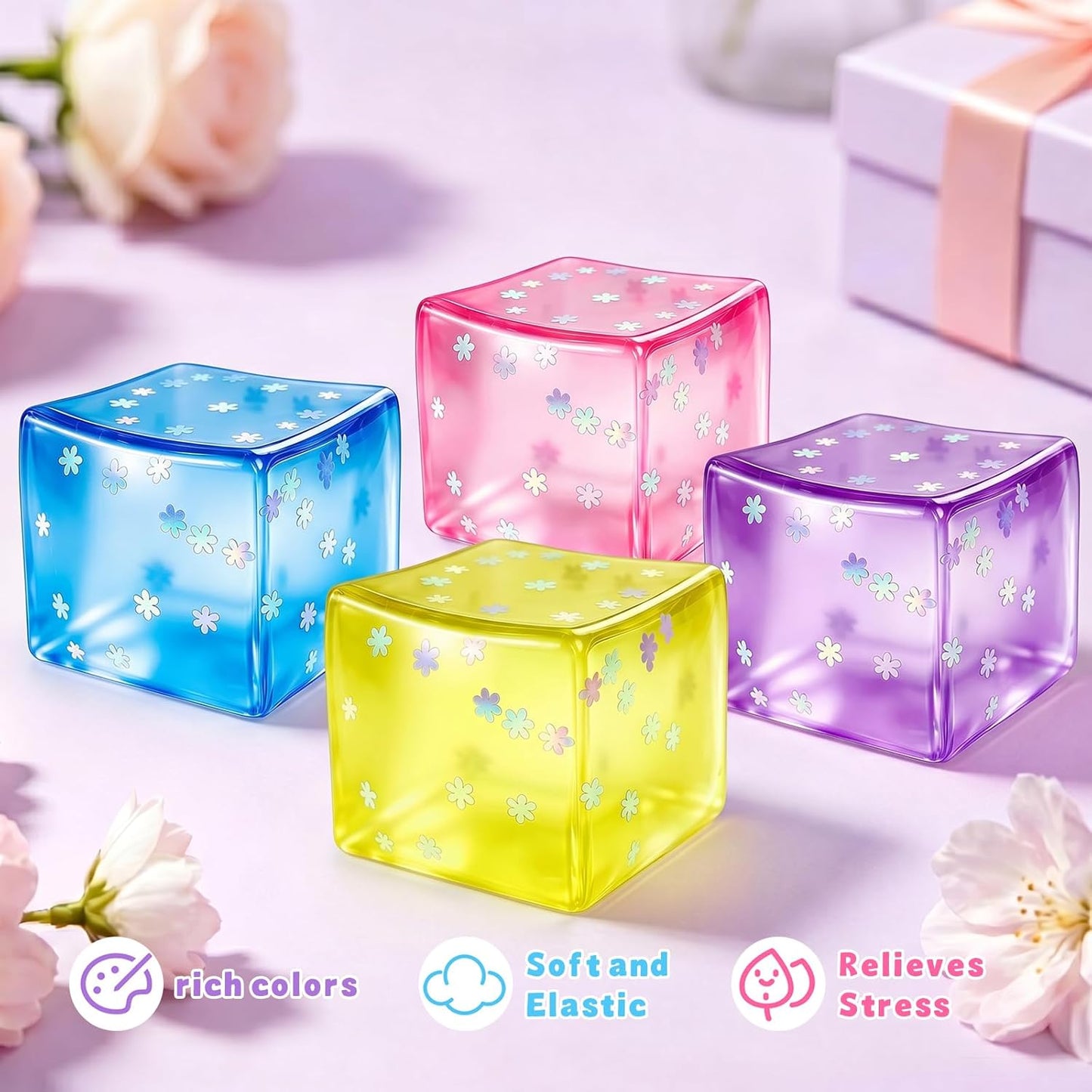 Ice Cube Squishy, Fidget Toy Stress Cube with Snowflakes, Slow Rise Sensory Toys, Squishy Cube for Kids Adults Party Favors Birthday Gift (Purple)