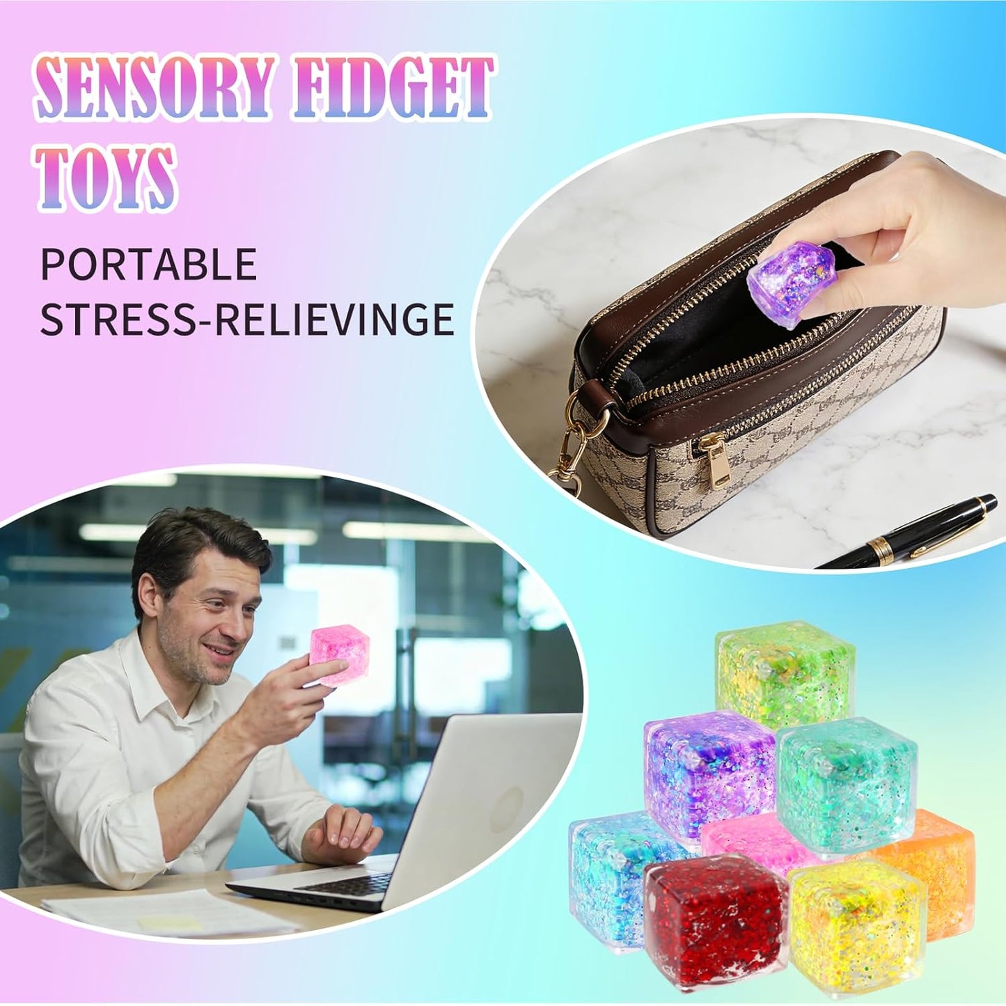 24 Pack Slow Rising Ice Cube Squishy Stress Balls，Stress Cube for Adults Kids , Sensory Fidget Toy for Anxiety Relief, Square Squeeze Toy for Classroom Prizes, Mini Nice Cube Squishy for Party Favors