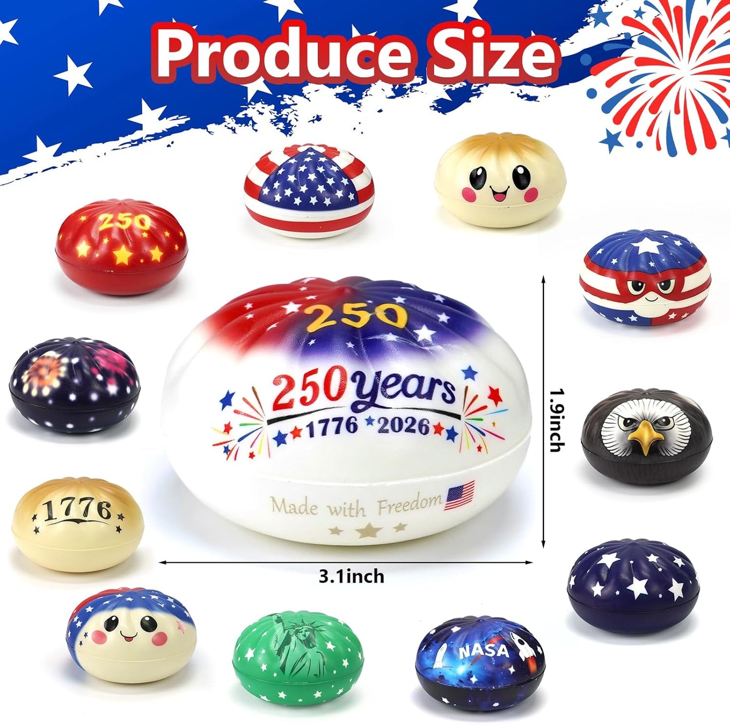250th Anniversary USA Themed Dumpling Squishies Set, 12 Unique Commemorative Style Soft Stress Balls, Squeeze Fidget Toys, Anxiety Relief Squishies Dough Gifts for, Suitable for Ages 18 up