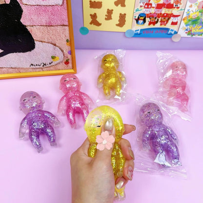 4Pcs Baby Squishy Glittery, 4" Soft Squeezable Fidget Toy, Slow Rising Squishy, Soft Squeeze Stress Relief,Cute Sparkly Sensory Decompression Doll for Adults, Portable Desk Decor & Anxiety Relief Gift