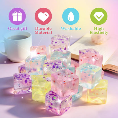 24Pcs Glitter Ice Cube Squishy,Bulk Stress Sparkle Fidget Toys, Ice Cube Squeeze Toys - Square Sensory Toys, Squeeze Toys - Small Stress Balls for Adults, Perfect Party Toy Gift