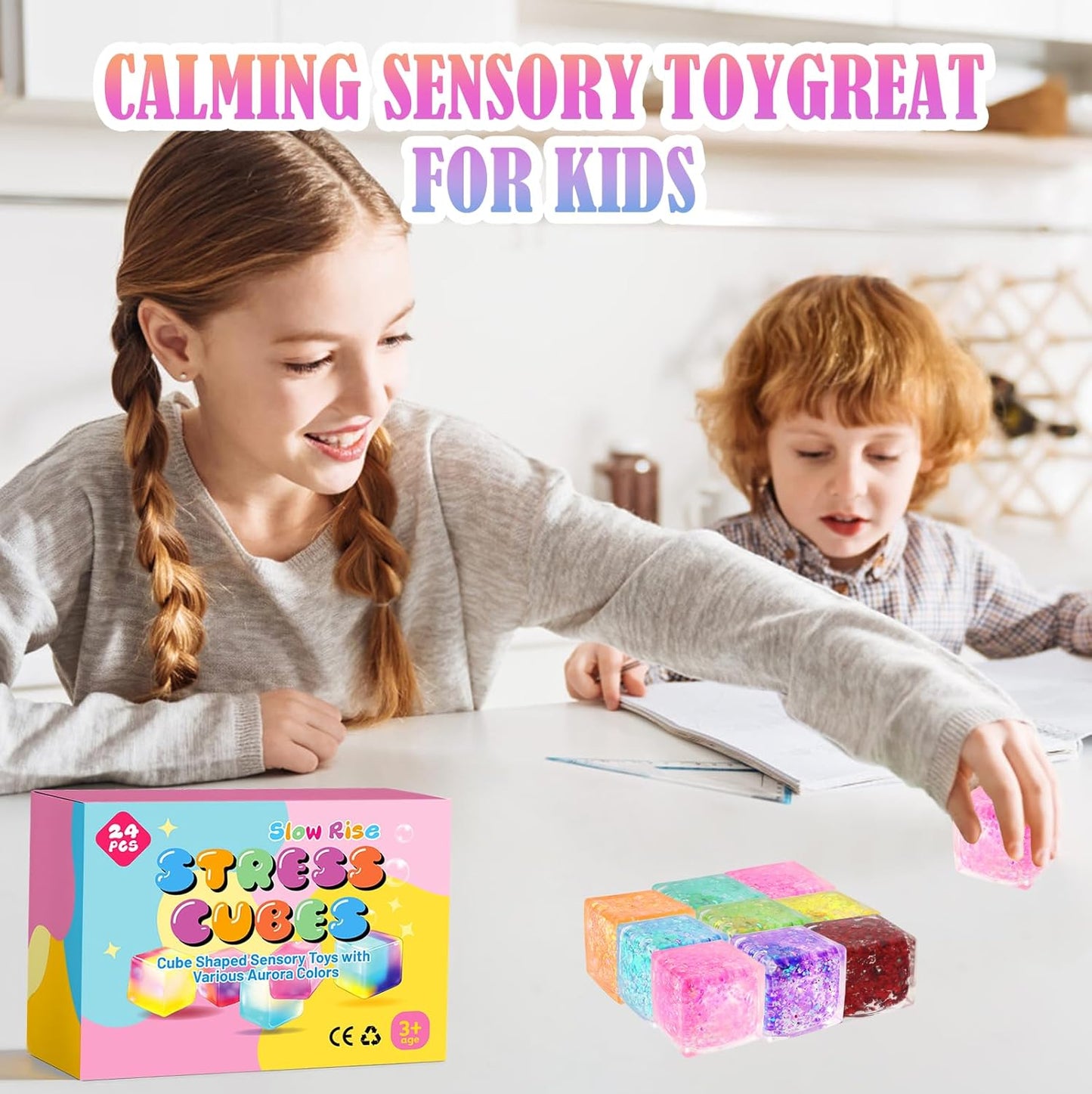 24 Pack Slow Rising Ice Cube Squishy Stress Balls，Stress Cube for Adults Kids , Sensory Fidget Toy for Anxiety Relief, Square Squeeze Toy for Classroom Prizes, Mini Nice Cube Squishy for Party Favors