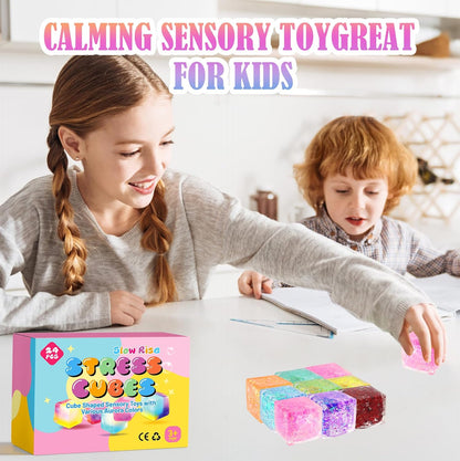 24 Pack Slow Rising Ice Cube Squishy Stress Balls，Stress Cube for Adults Kids , Sensory Fidget Toy for Anxiety Relief, Square Squeeze Toy for Classroom Prizes, Mini Nice Cube Squishy for Party Favors