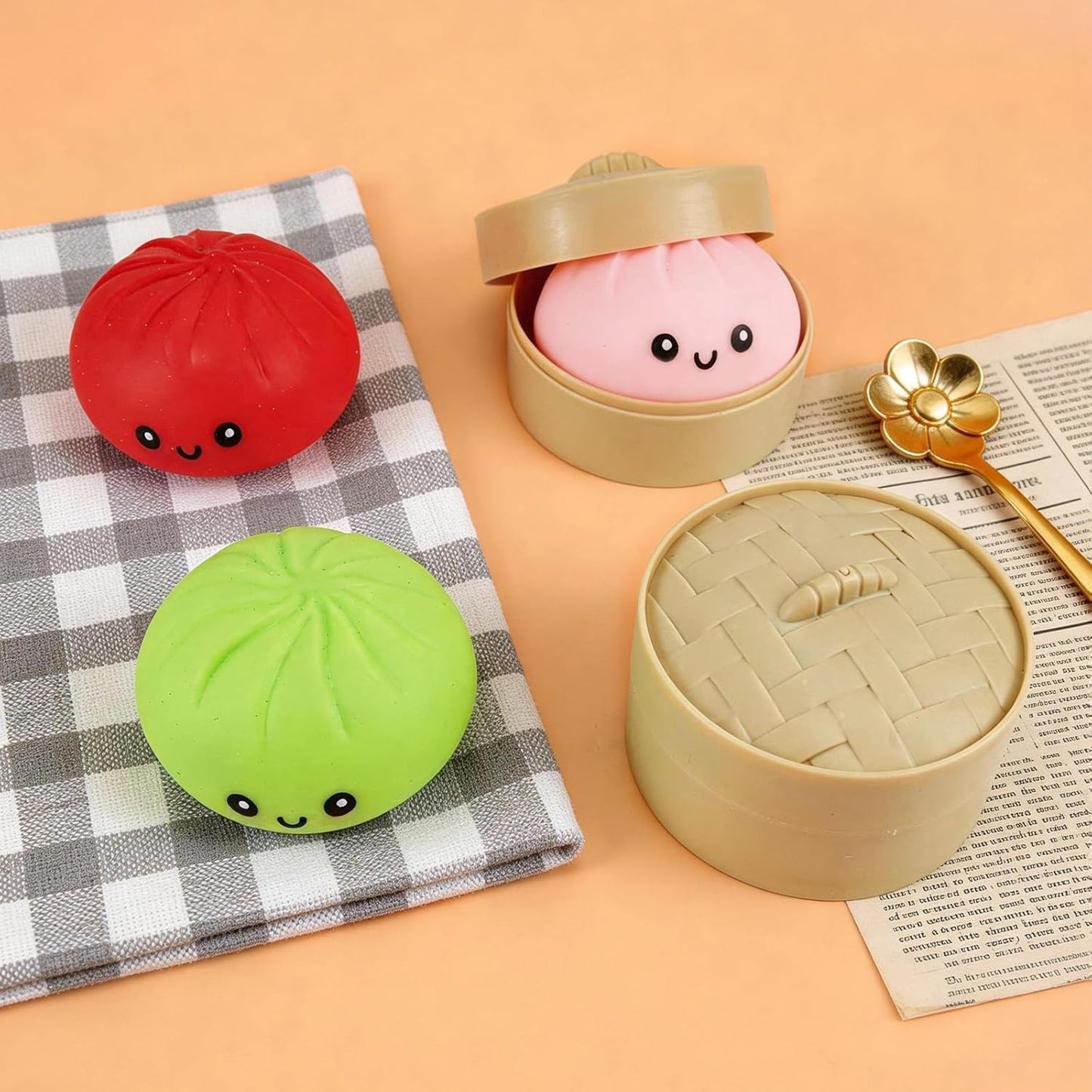 6PCS Dumpling Squishies, Dumpling Squishy with Smile, Stress Relief Anxiety Squeeze Toys with Food Steamer, for Birthday Gifts, Party Favors, Classroom Prizes, Easter Basket Stuffers