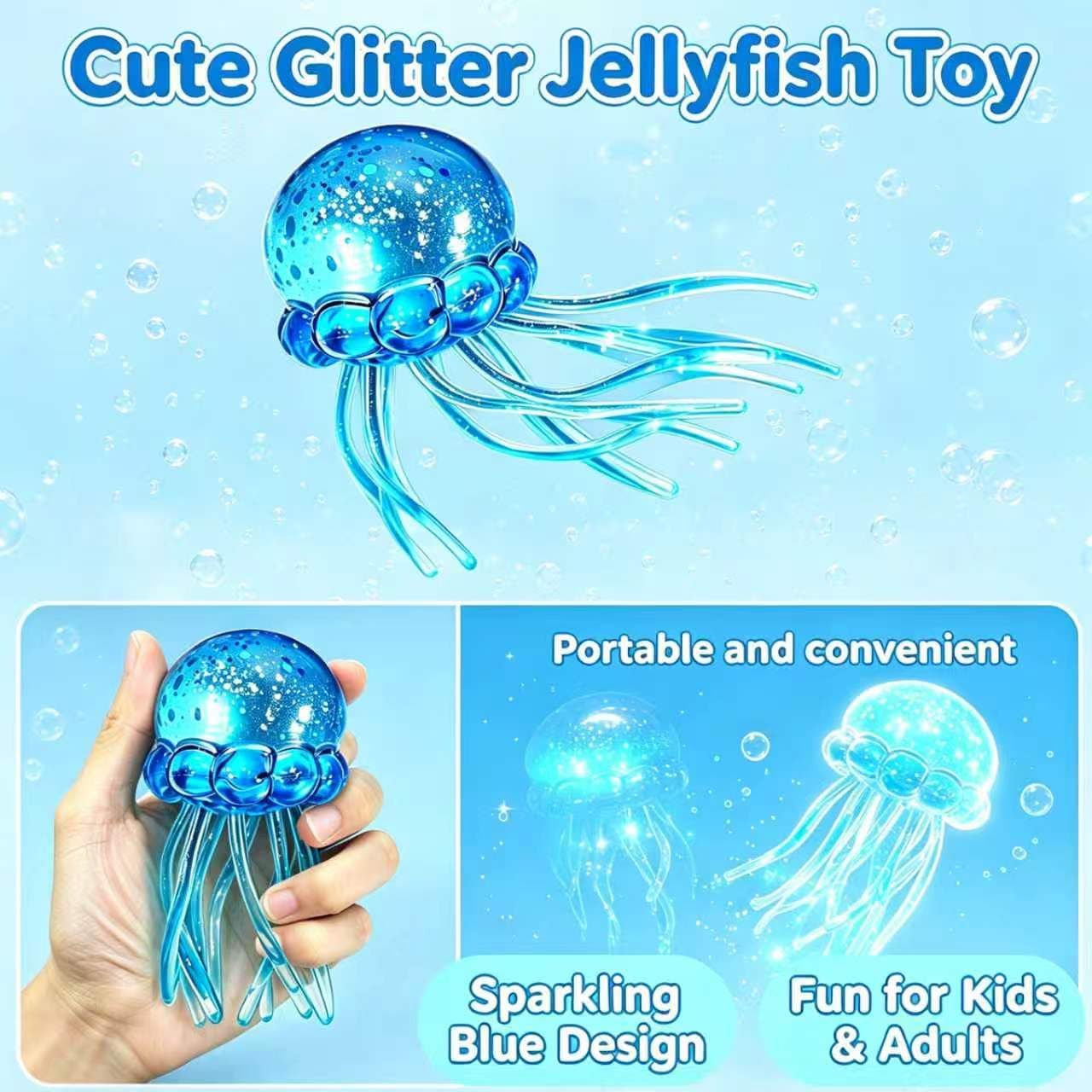 Jellyfish Squishy Toy, Glitter Jellyfish Squishy Squeeze Toy, Soft Slow Rise Squish Sensory Fidget Toy for Relaxing Hand Play, Cute Jelly Fish Squishy for Kids and Adults(Blue)