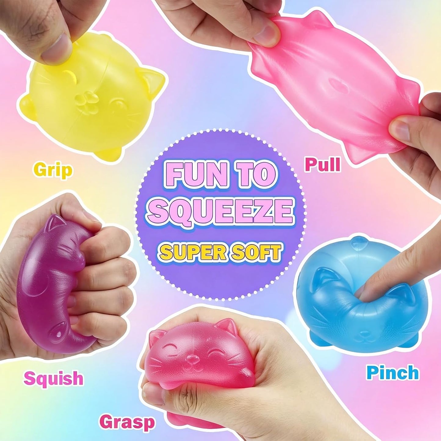 Gytera 4Pcs Cat Squishies Toys, Glitter Stress Balls Fidget Toys for Adults, Cute Kitten Squeeze Toys, Slow Rising Sensory Toys for Anxiety Relief, Party Favors, Birthday Gifts, Goodie Bag Fillers