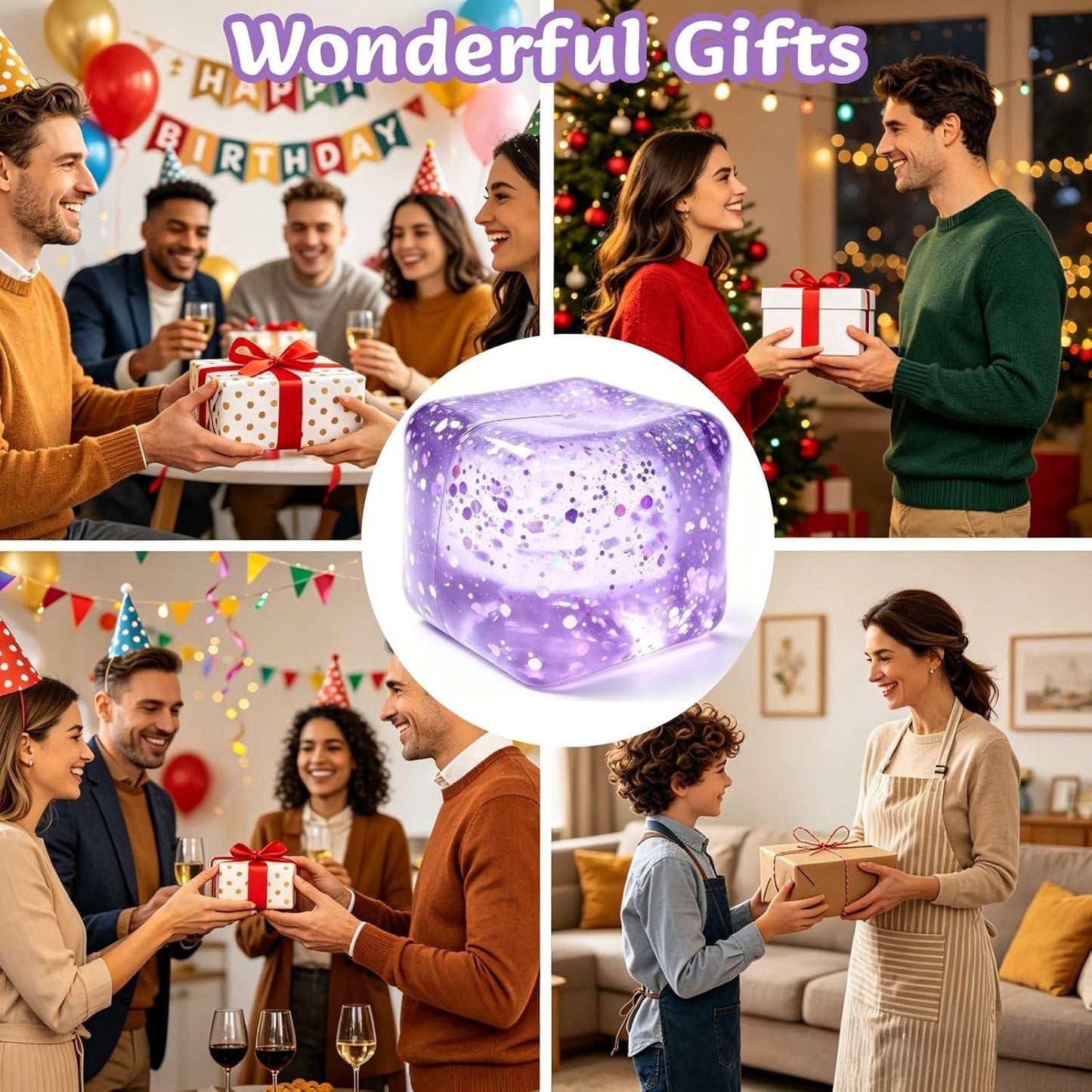 Glitter Ice Cubes Stress Balls Fidget Toys, Stress Cube Slow Rising Squeeze Toys for Adults, Desktop Toy Christmas, Birthday Party Gifts (Purple)