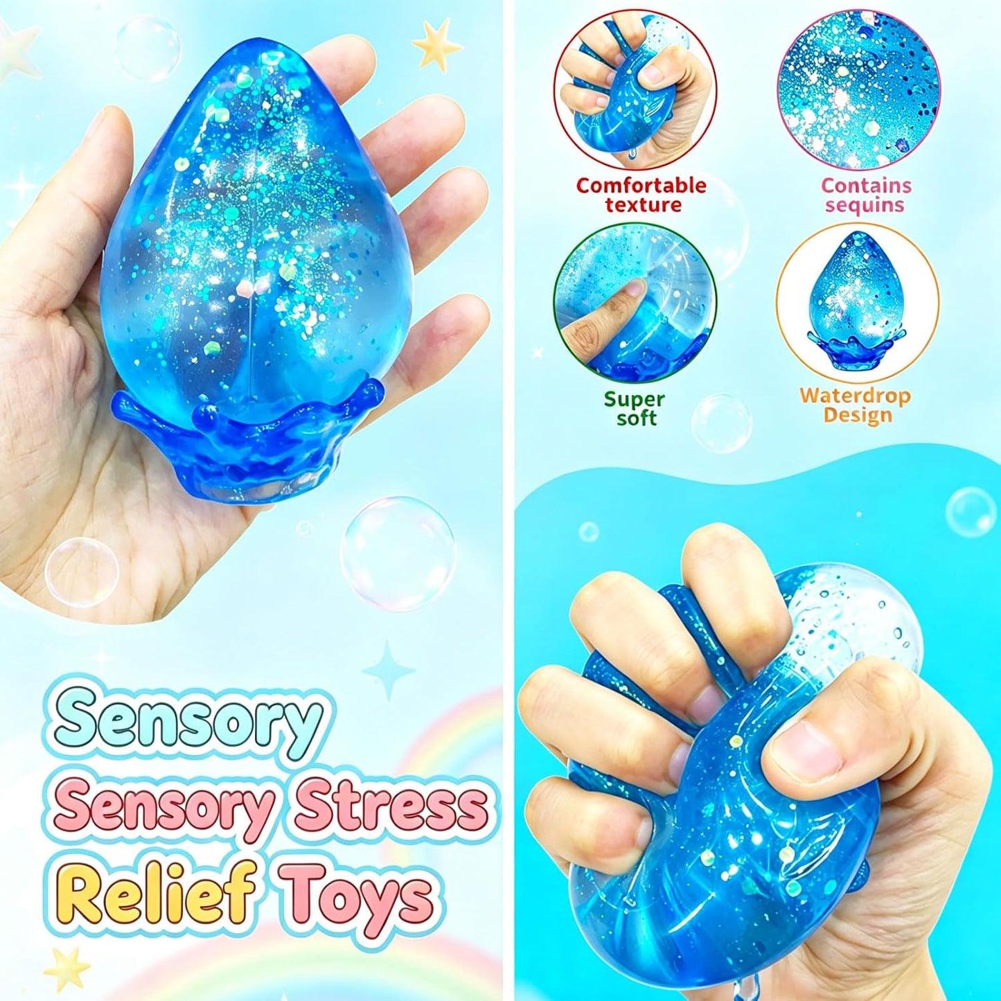 Water Drop Squishy, Raindrop Slow Rising Squeeze Toy Stress Ball Squishies Sensory Anxiety Relief Toys Gifts for Adult Kid